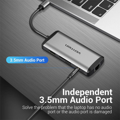 image of VENTION THAHB Multi-function Type-C to HDMI/USB3.0*3/TF/SD/RJ45/3.5mm/PD Docking Station with Spec and Price in BDT