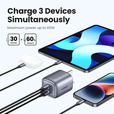 image of UGREEN CD306 (90663) Nexode 3-Port 65W Charger - UK with Spec and Price in BDT