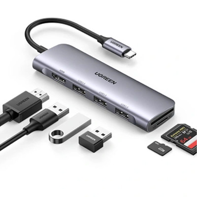image of UGREEN CM195 (70411) (6-in-1) USB-C to 2 Ports USB3.0-A Hub + HDMI + TF/SD Hub with Spec and Price in BDT