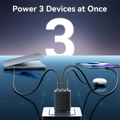 image of VENTION FERB0-EU 3-Port USB-C + USB-A 65W EU-Plug GaN Charger - Black with Spec and Price in BDT
