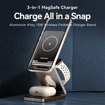 image of VENTION FGFH0 3‑in‑1 15W MagSafe Charger Stand - Gray with Spec and Price in BDT