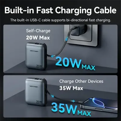 image of VENTION FHEN0 35W 10000mAh Mini Power Bank with Built-in USB-C Cable with Spec and Price in BDT