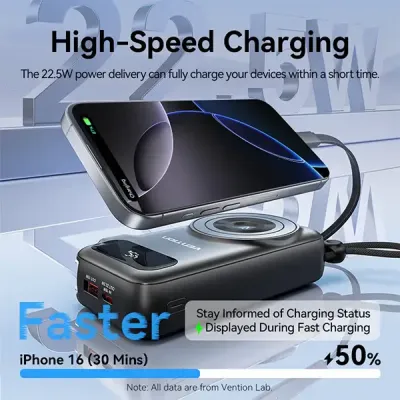 image of VENTION FHXB0 22.5W 10000mAh LED Display 6-in-1 Travel Power Bank with Built-in USB-C and Lightning Cable with Spec and Price in BDT