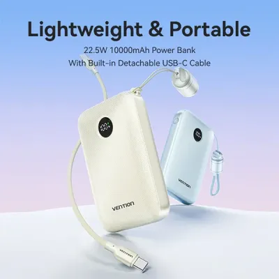 image of VENTION FKAN0-C 22.5W 10000mAh LED Display Power Bank with Built-in USB-C to C Cable - Beige with Spec and Price in BDT