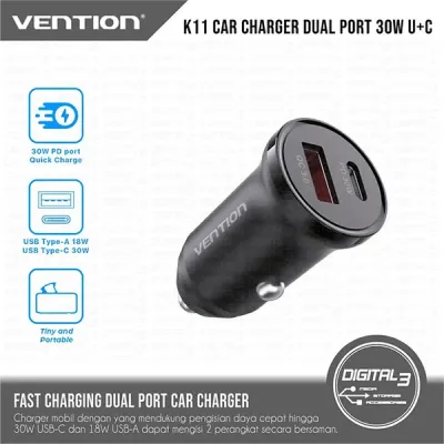 image of VENTION K11B0 30W 2-Port (USB-A + USB-C) Car Charger - Black with Spec and Price in BDT
